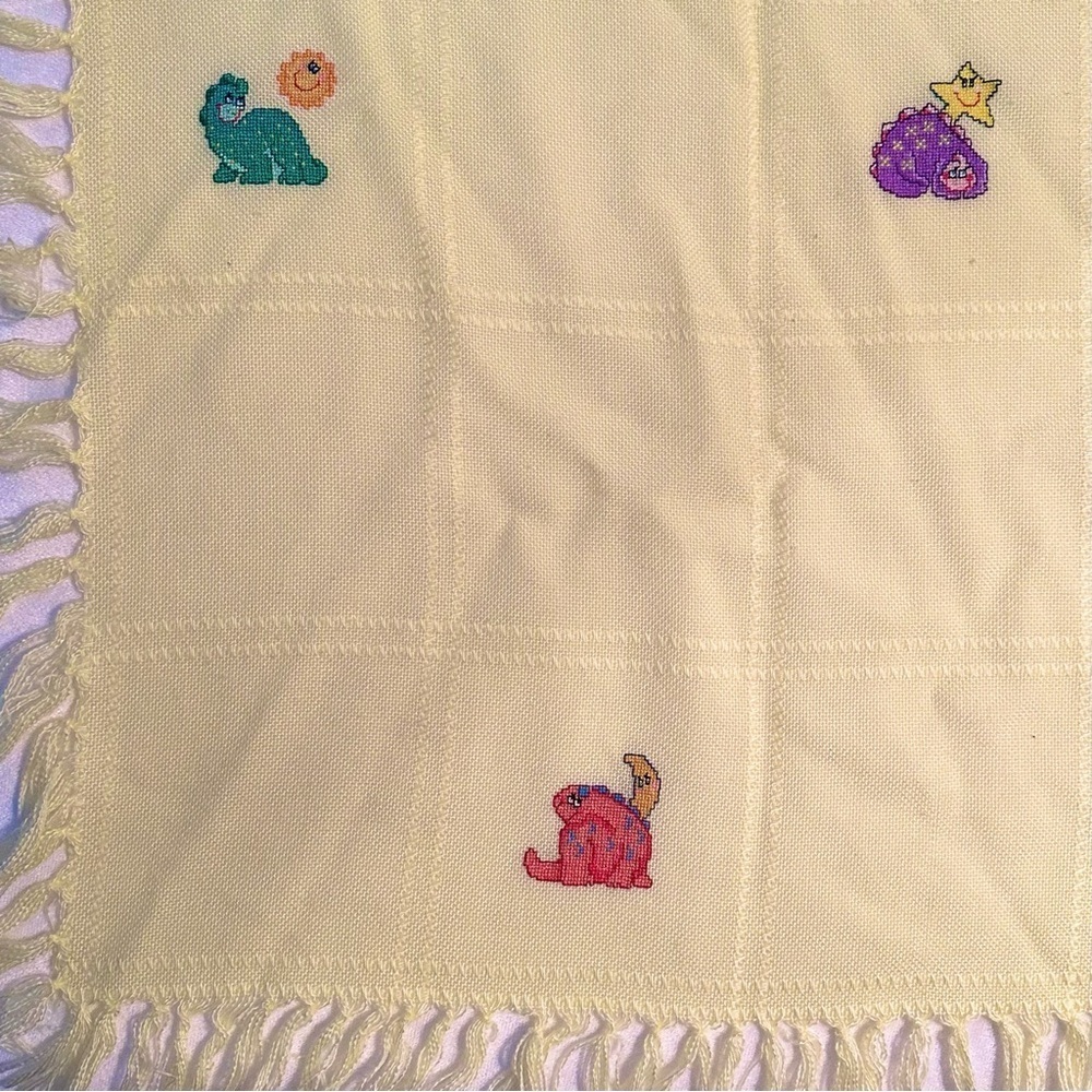 Vintage Handmade Cross Stitch Dinosaurs Baby Blanket Gender Neutral Yellow 40x23